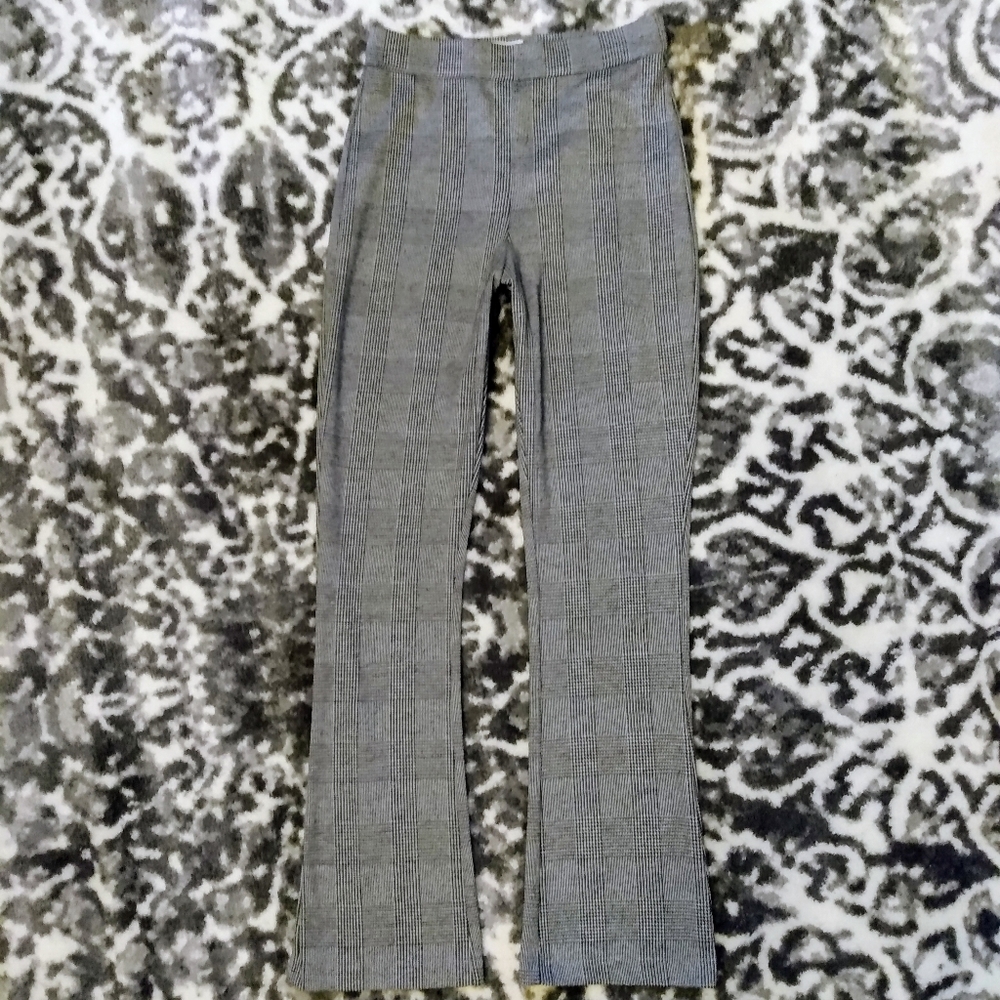 Gray Plaid High Waisted Plaid Flare Pull On Pants